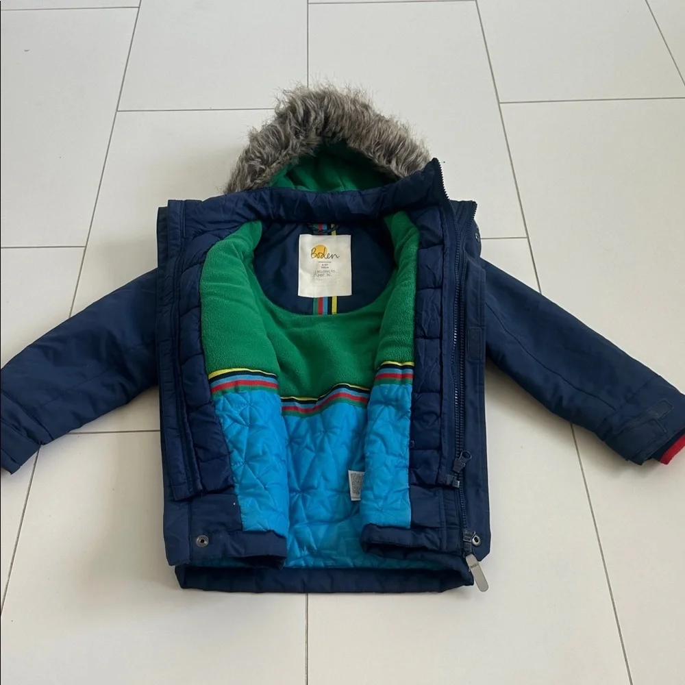 Mini Boden Navy Hooded Winter Jacket with removable Faux Fur Hood 4/5Y